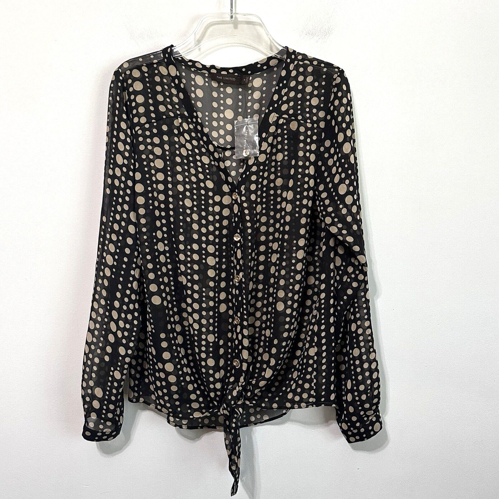 The Limited Blouse M Sheer Top Tie Front Button Front Polka Dots Work Trendy NEW